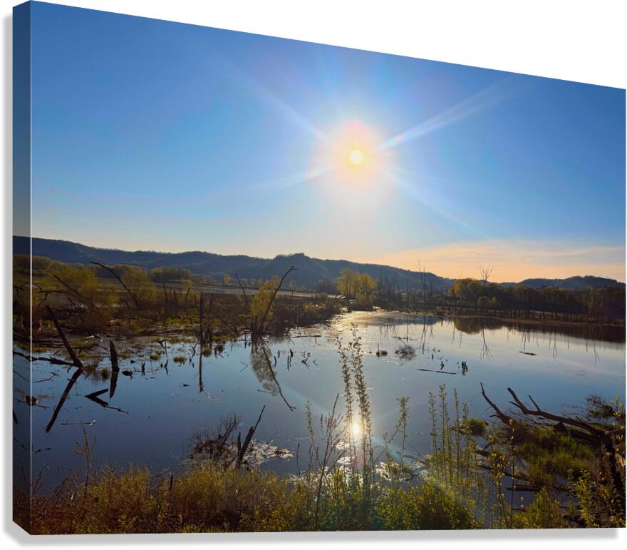 Sunrise Over Tranquil Wetlands with Sunbeam Reflection Canvas Print