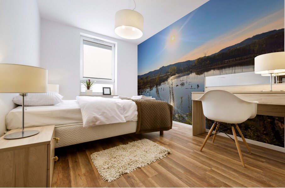 Sunrise Over Tranquil Wetlands with Sunbeam Reflection Mural print