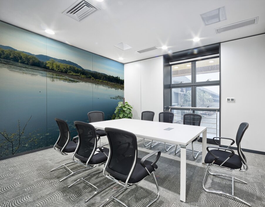 Serene Lakeside View with Forest and Hills Wall Printing