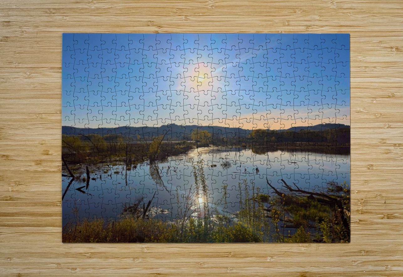 Sunrise Over Tranquil Wetlands with Sunbeam Reflection Click4Pix Puzzle printing